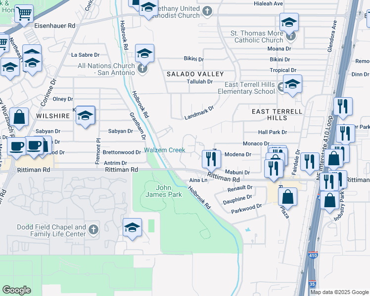 map of restaurants, bars, coffee shops, grocery stores, and more near 6318 Queens Castle Drive in San Antonio