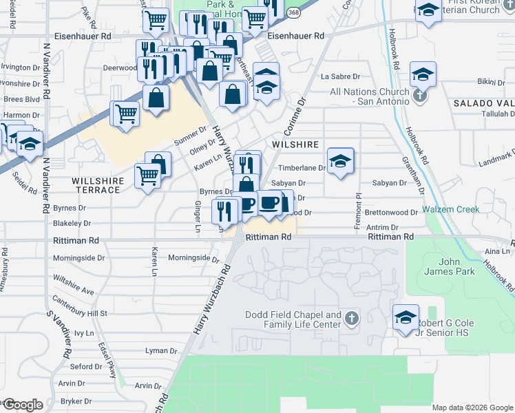 map of restaurants, bars, coffee shops, grocery stores, and more near 107 Cresham Drive in San Antonio
