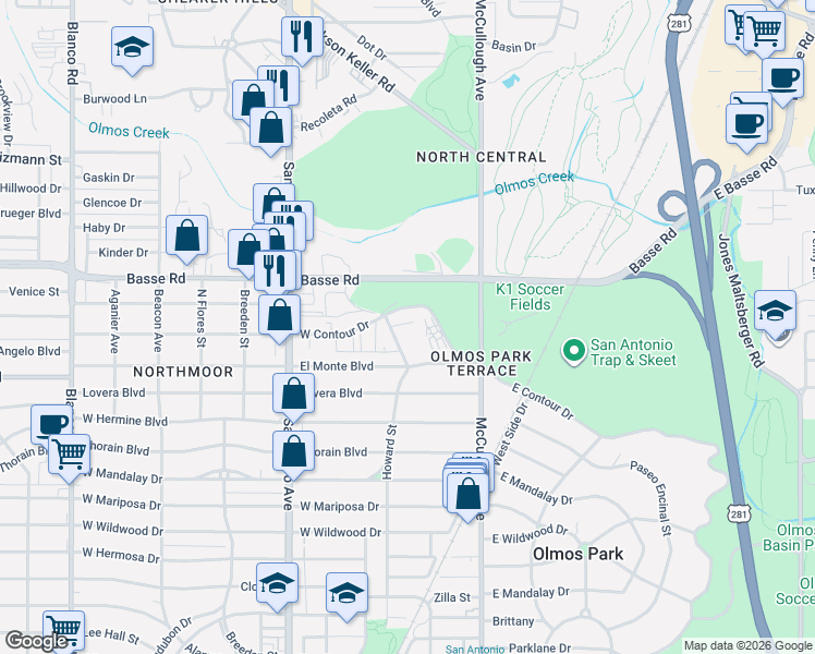 map of restaurants, bars, coffee shops, grocery stores, and more near 1479 West Contour Drive in San Antonio