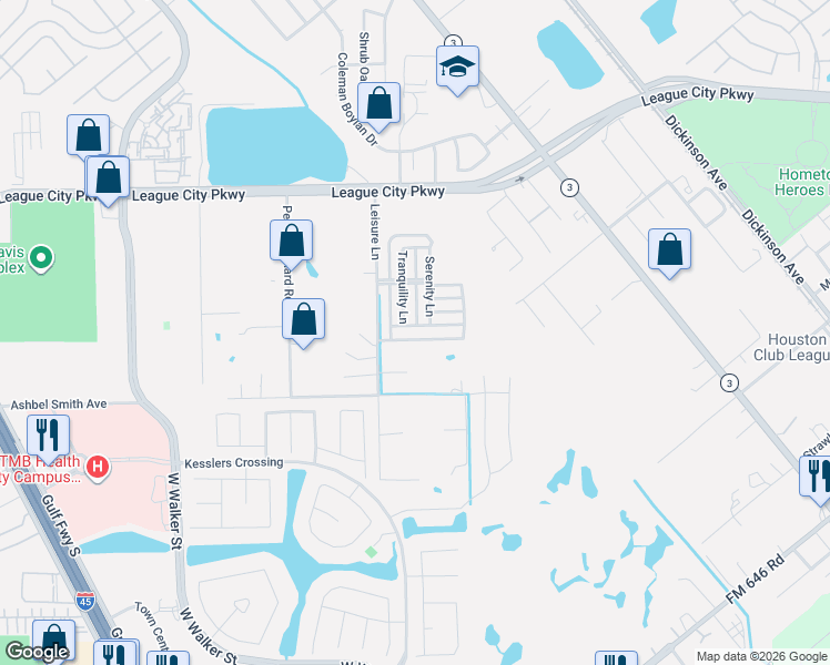 map of restaurants, bars, coffee shops, grocery stores, and more near 686 Fountain View Lane in League City