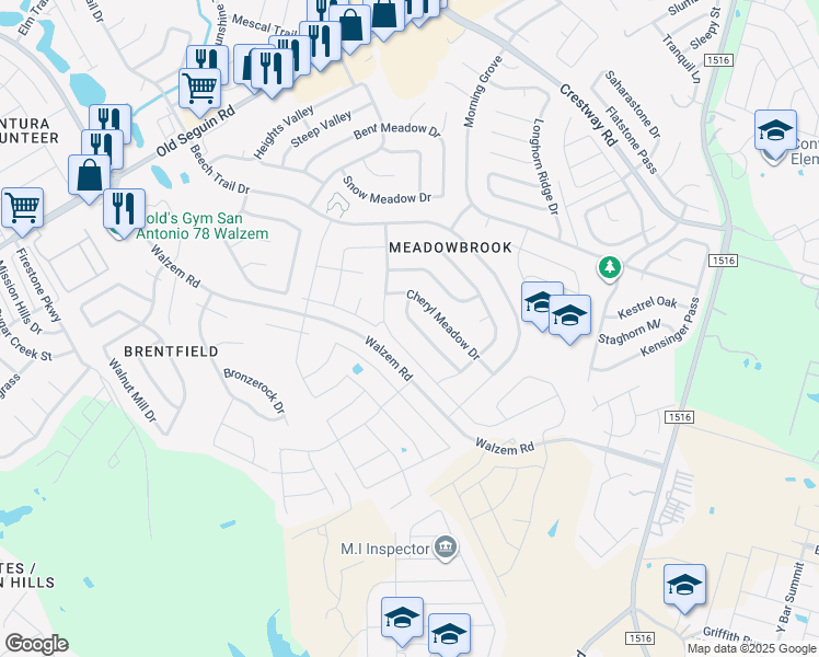 map of restaurants, bars, coffee shops, grocery stores, and more near 8110 Ocean Meadow Drive in Converse