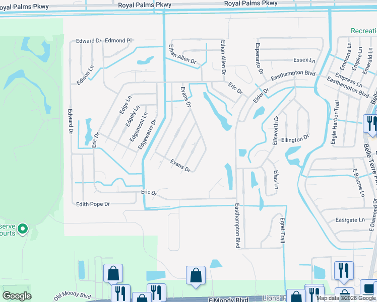 map of restaurants, bars, coffee shops, grocery stores, and more near 12 Evanston Lane in Palm Coast