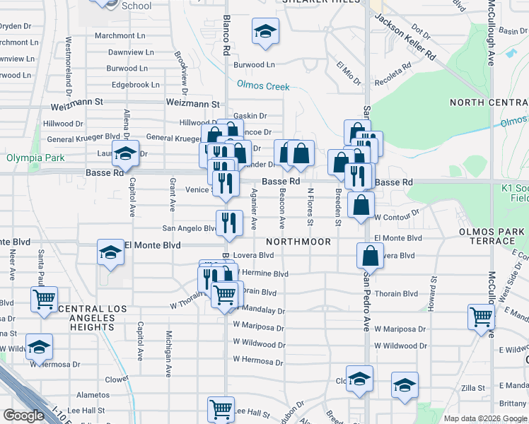 map of restaurants, bars, coffee shops, grocery stores, and more near 414 La Manda Boulevard in San Antonio