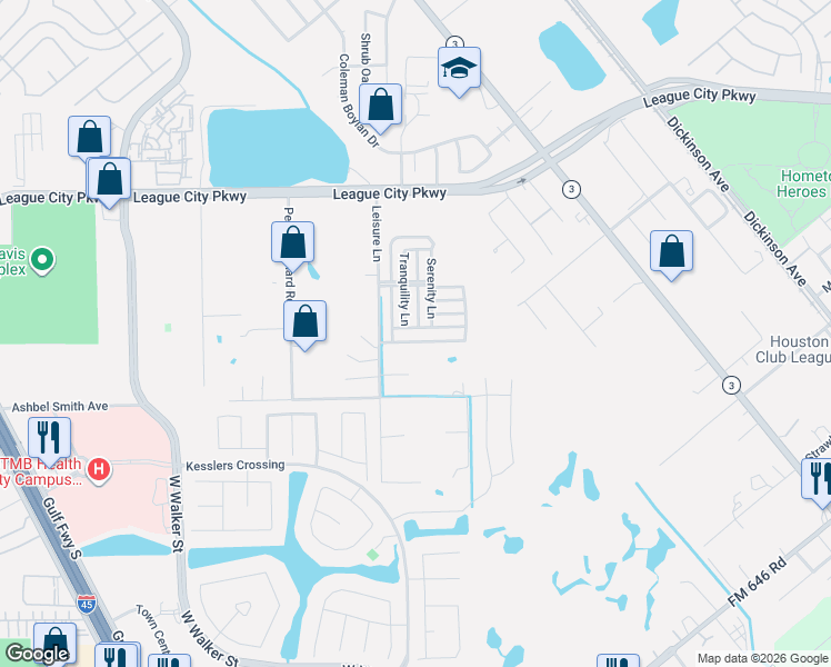 map of restaurants, bars, coffee shops, grocery stores, and more near 686 Fountain View Lane in League City