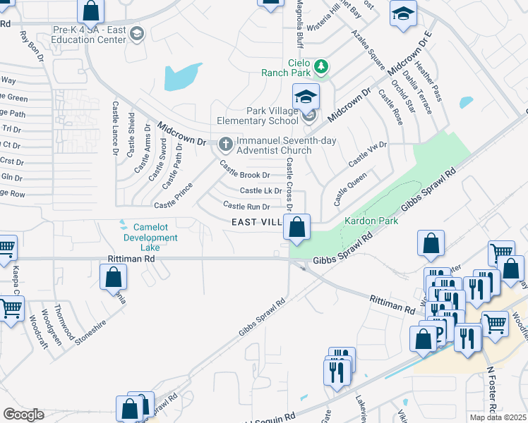 map of restaurants, bars, coffee shops, grocery stores, and more near 5875 Castle Run in San Antonio