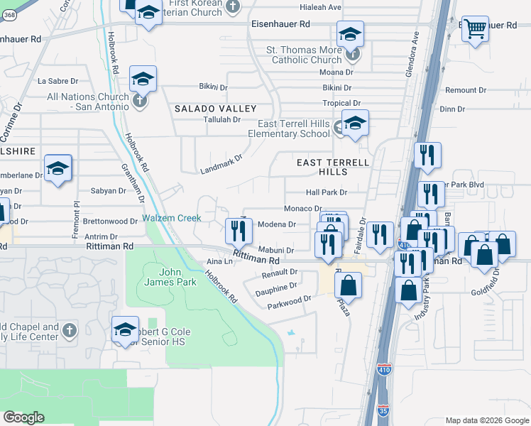 map of restaurants, bars, coffee shops, grocery stores, and more near 4115 Monaco Drive in San Antonio