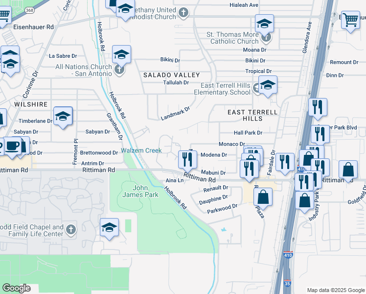 map of restaurants, bars, coffee shops, grocery stores, and more near 6346 Cambridge Drive in San Antonio