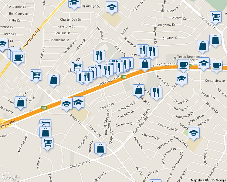 map of restaurants, bars, coffee shops, grocery stores, and more near 5002 Northwest Loop 410 in San Antonio