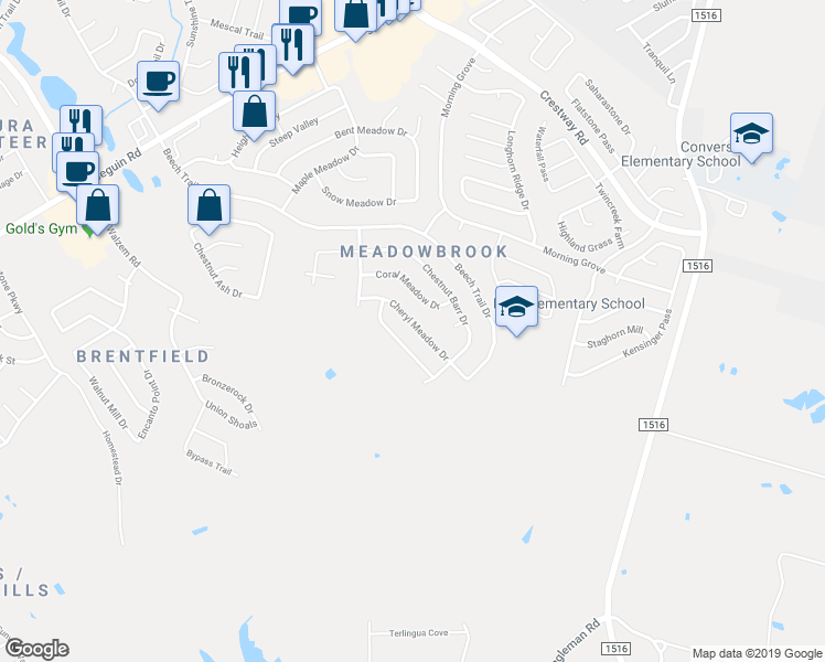 map of restaurants, bars, coffee shops, grocery stores, and more near 8138 Cheryl Meadow Drive in Converse