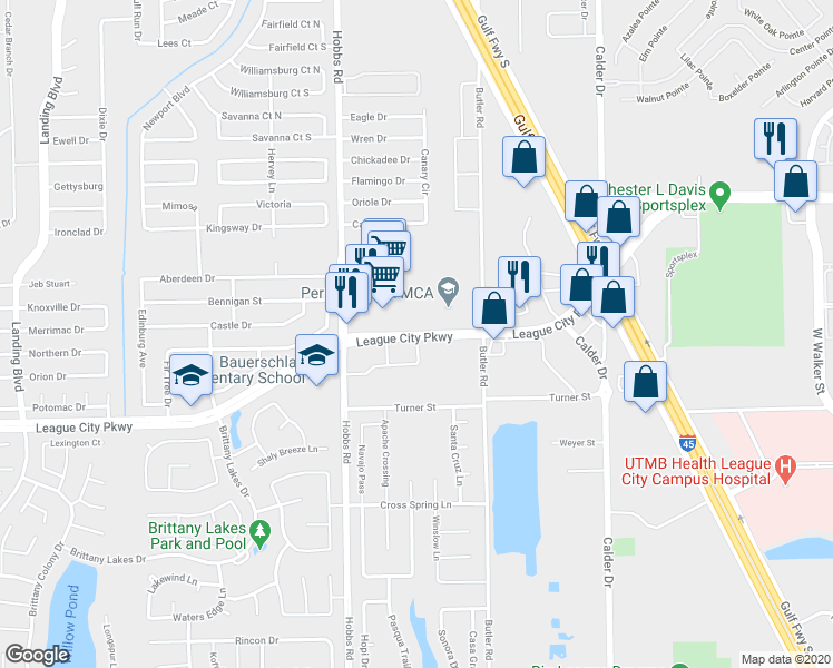 map of restaurants, bars, coffee shops, grocery stores, and more near 1750 West League City Parkway in League City