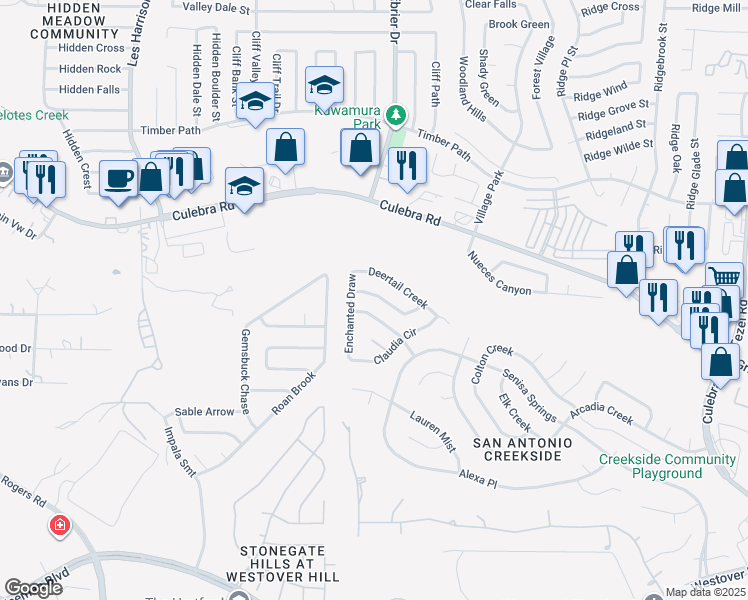 map of restaurants, bars, coffee shops, grocery stores, and more near 9726 Kashmir Drive in San Antonio
