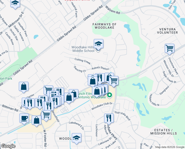 map of restaurants, bars, coffee shops, grocery stores, and more near 6502 Dancing Court in San Antonio