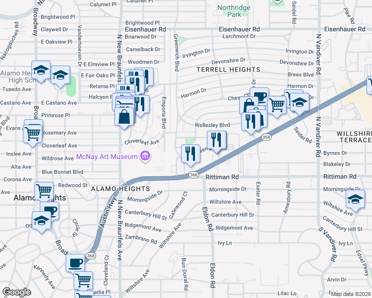 map of restaurants, bars, coffee shops, grocery stores, and more near in San Antonio
