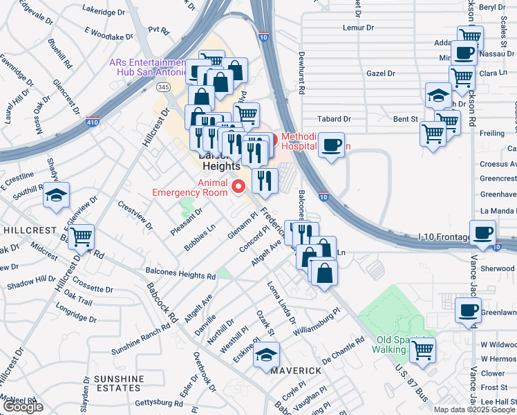 map of restaurants, bars, coffee shops, grocery stores, and more near 4307 Fredericksburg Road in Balcones Heights