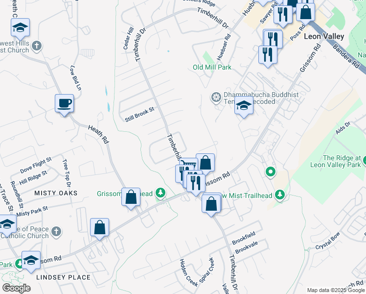 map of restaurants, bars, coffee shops, grocery stores, and more near 5715 Timber Bend in San Antonio