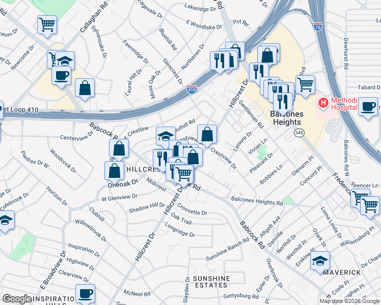 map of restaurants, bars, coffee shops, grocery stores, and more near 215 East Glenview Drive in San Antonio