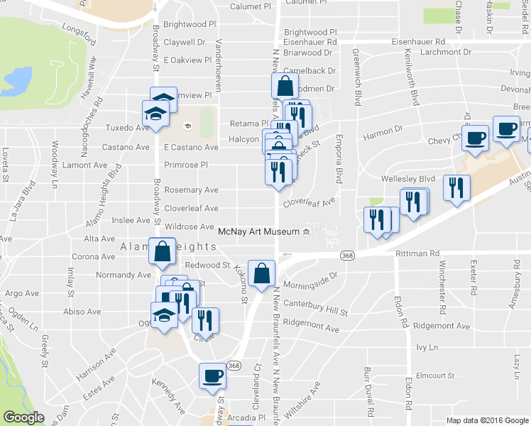 map of restaurants, bars, coffee shops, grocery stores, and more near 324 Cloverleaf Ave in San Antonio