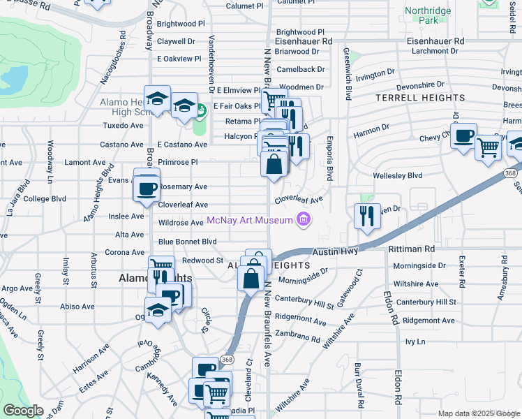 map of restaurants, bars, coffee shops, grocery stores, and more near 324 Cloverleaf Avenue in San Antonio
