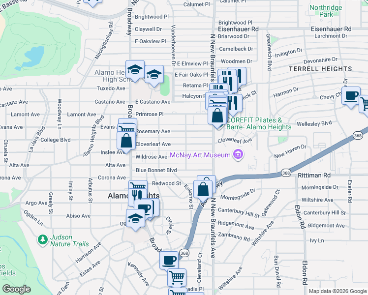 map of restaurants, bars, coffee shops, grocery stores, and more near 301 Cloverleaf Avenue in San Antonio