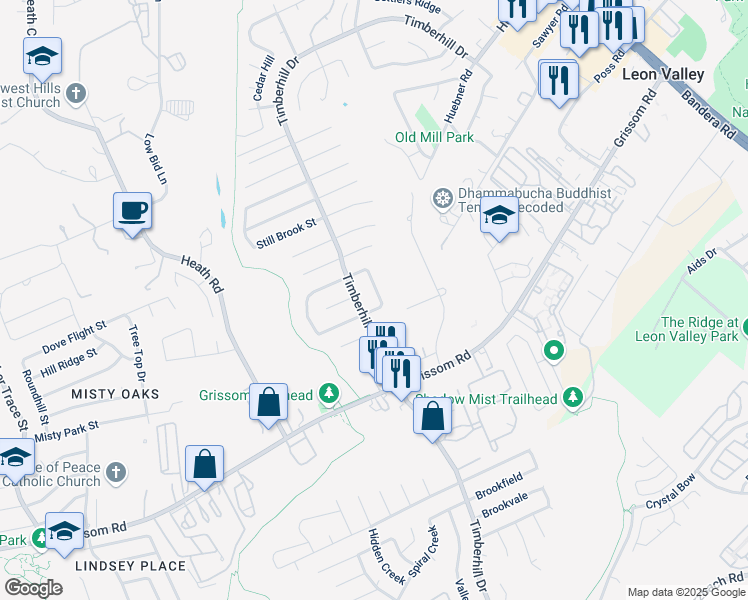 map of restaurants, bars, coffee shops, grocery stores, and more near 5715 Timber Bend in San Antonio