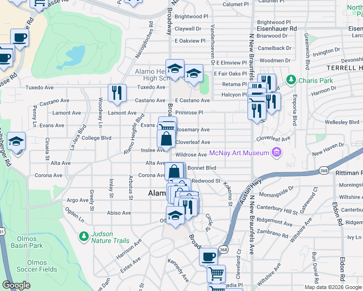 map of restaurants, bars, coffee shops, grocery stores, and more near 100 Cloverleaf Avenue in Alamo Heights