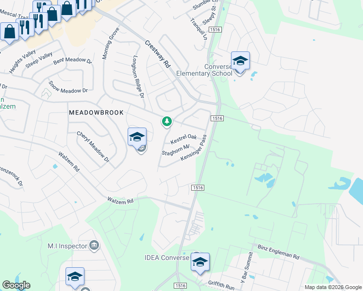 map of restaurants, bars, coffee shops, grocery stores, and more near 8875 Staghorn Mill in Converse