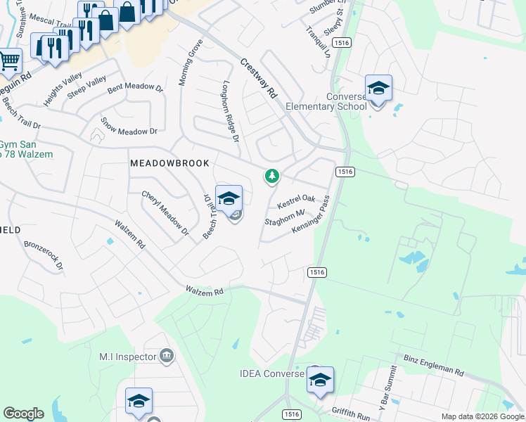 map of restaurants, bars, coffee shops, grocery stores, and more near 8106 Easy Meadow Drive in Converse