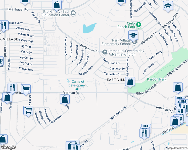 map of restaurants, bars, coffee shops, grocery stores, and more near 5802 Castle Hunt Drive in San Antonio