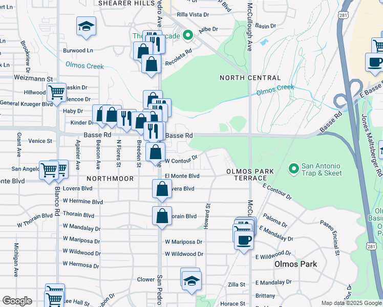 map of restaurants, bars, coffee shops, grocery stores, and more near 1516 West Contour Drive in San Antonio