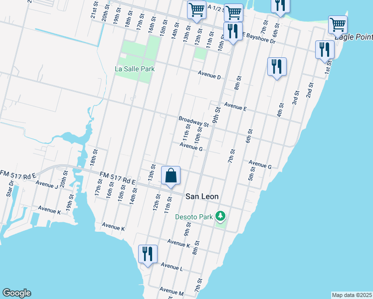 map of restaurants, bars, coffee shops, grocery stores, and more near 517 Avenue G in San Leon