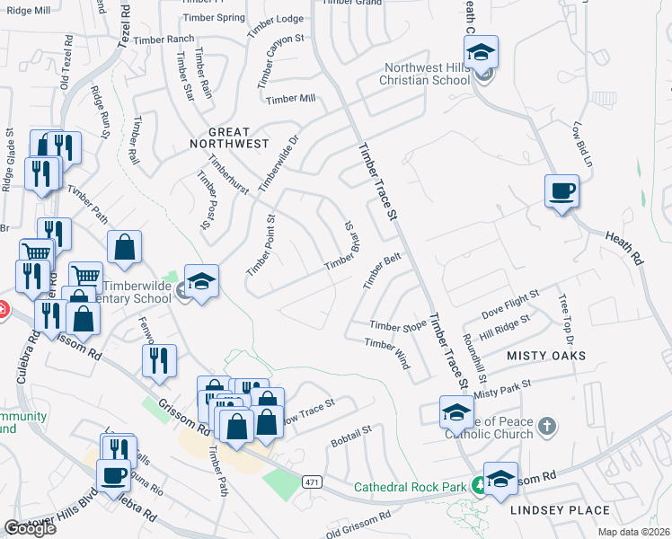 map of restaurants, bars, coffee shops, grocery stores, and more near 8606 Timber Briar Street in San Antonio