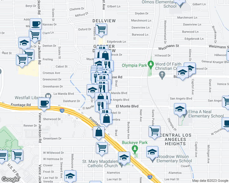 map of restaurants, bars, coffee shops, grocery stores, and more near 1803 La Manda Boulevard in San Antonio