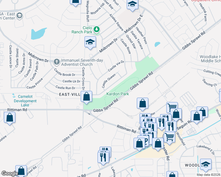 map of restaurants, bars, coffee shops, grocery stores, and more near 6018 Castle Hunt Drive in San Antonio