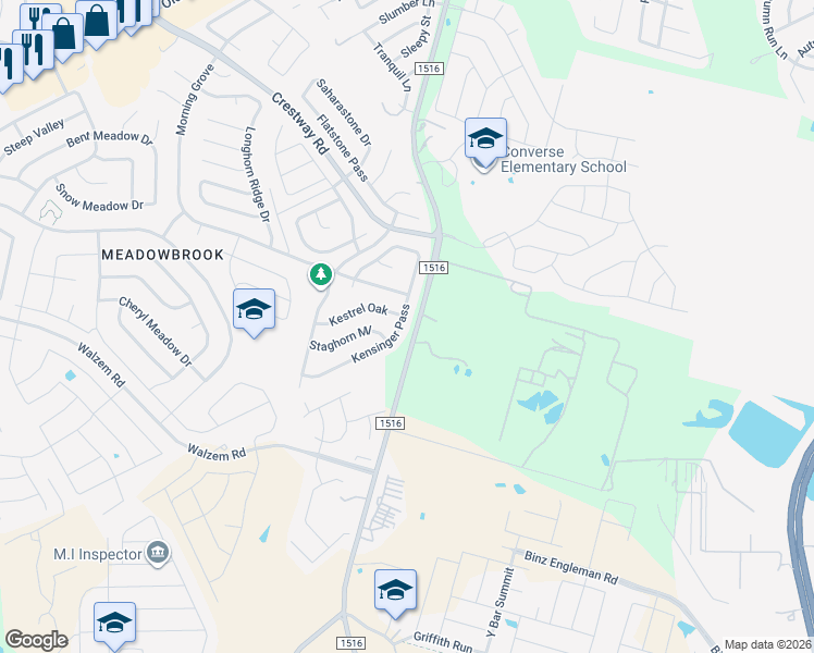 map of restaurants, bars, coffee shops, grocery stores, and more near 6138 Kensinger Pass in Converse