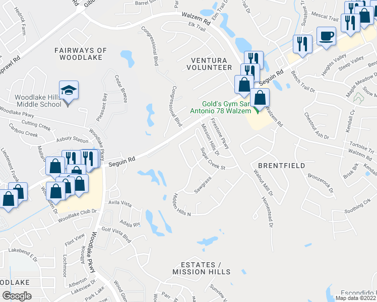map of restaurants, bars, coffee shops, grocery stores, and more near 6419 Port Royal Street in San Antonio