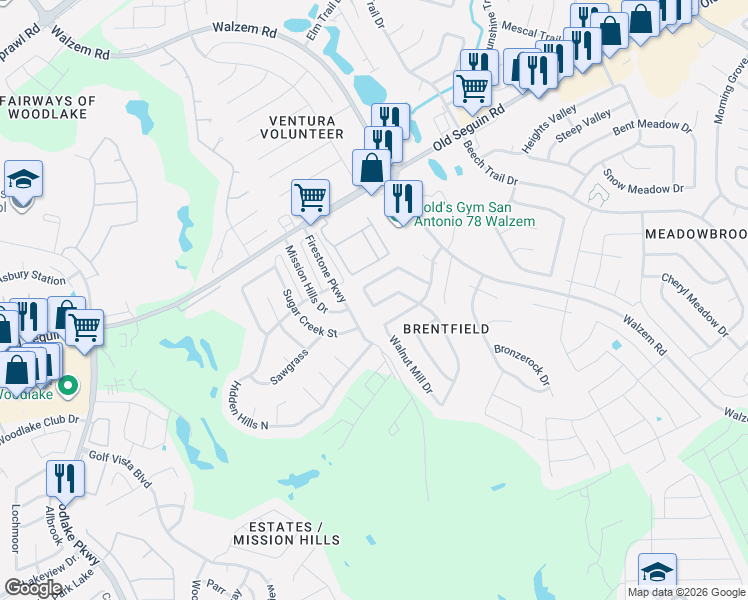 map of restaurants, bars, coffee shops, grocery stores, and more near 6419 Encanto Point Drive in San Antonio