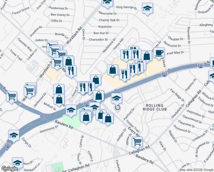 map of restaurants, bars, coffee shops, grocery stores, and more near 5335 Northwest Loop 410 in San Antonio