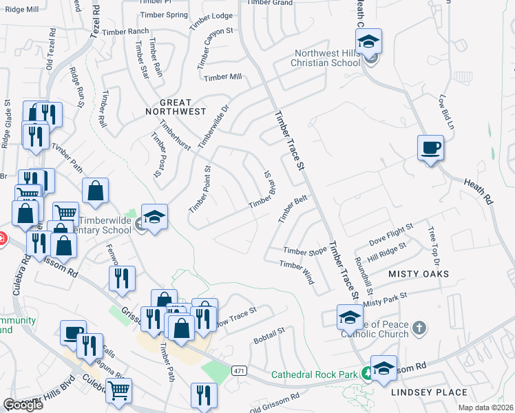 map of restaurants, bars, coffee shops, grocery stores, and more near 8606 Timber Briar Street in San Antonio