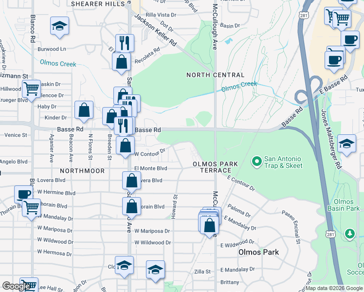 map of restaurants, bars, coffee shops, grocery stores, and more near 1479 West Contour Drive in San Antonio