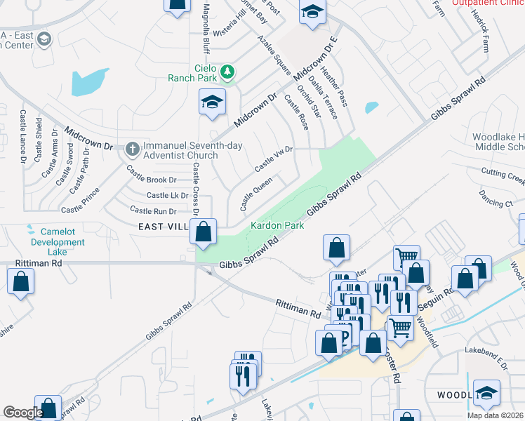 map of restaurants, bars, coffee shops, grocery stores, and more near 4706 Castle Queen in San Antonio