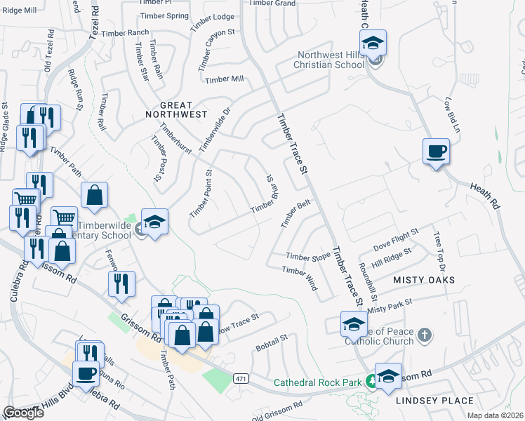 map of restaurants, bars, coffee shops, grocery stores, and more near 8606 Timber Briar Street in San Antonio