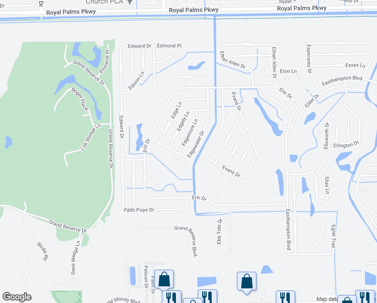 map of restaurants, bars, coffee shops, grocery stores, and more near 38 Edgewater Drive in Palm Coast