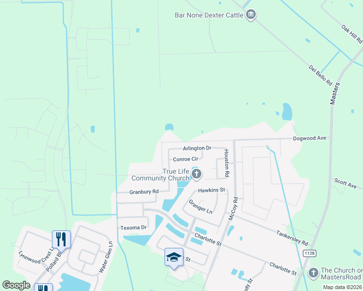 map of restaurants, bars, coffee shops, grocery stores, and more near 6723 Arlington Drive in Manvel