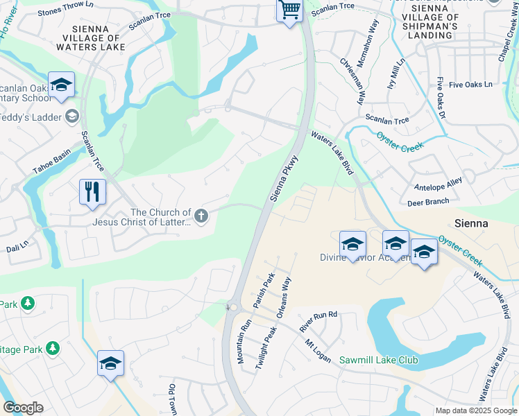 map of restaurants, bars, coffee shops, grocery stores, and more near 2735 Sienna Parkway in Sienna Plantation