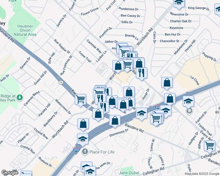 map of restaurants, bars, coffee shops, grocery stores, and more near 5423 Jackwood Drive in San Antonio