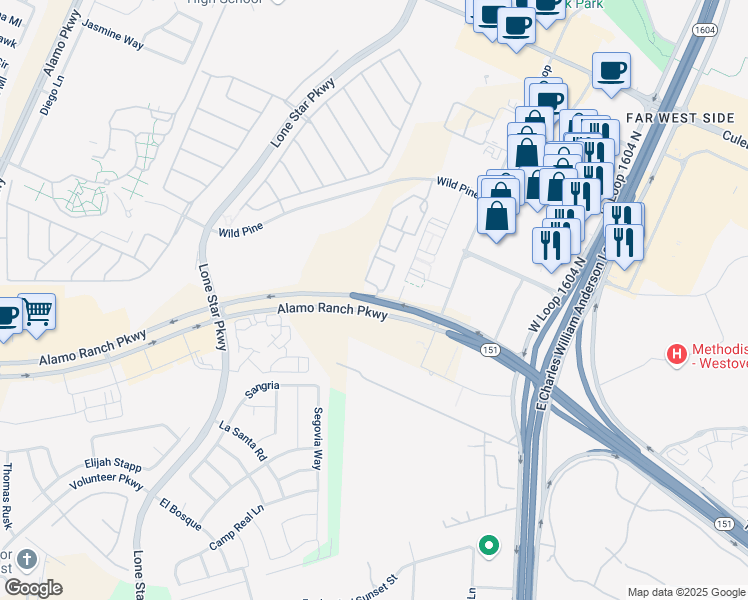 map of restaurants, bars, coffee shops, grocery stores, and more near 11349 Alamo Ranch Parkway in San Antonio