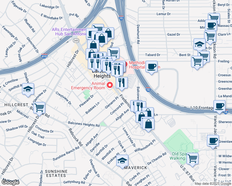 map of restaurants, bars, coffee shops, grocery stores, and more near 4307 Fredericksburg Road in Balcones Heights