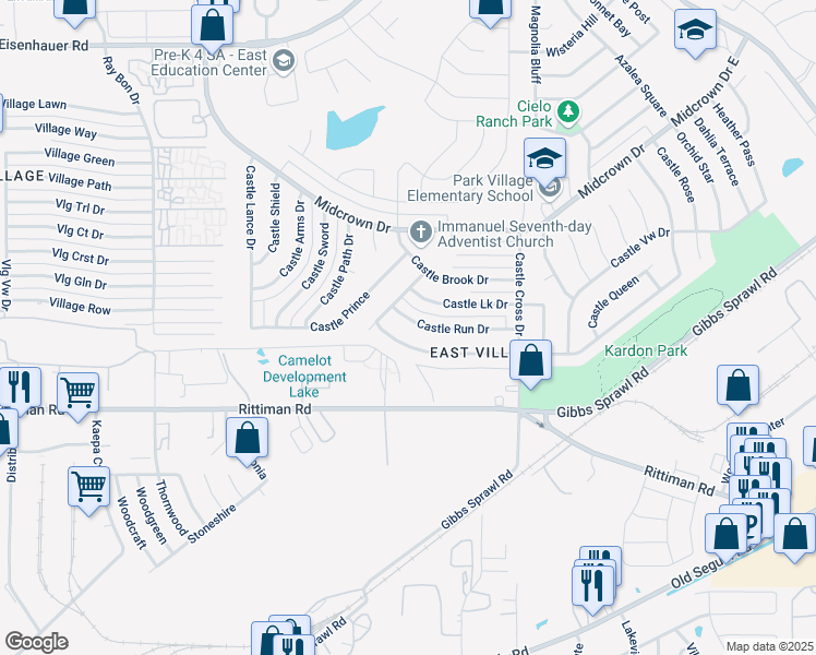 map of restaurants, bars, coffee shops, grocery stores, and more near 5818 Castle Run in San Antonio