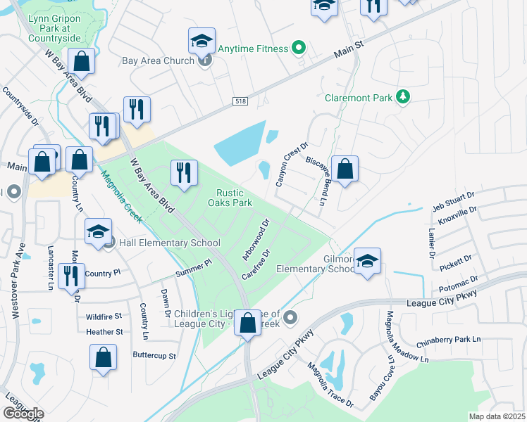 map of restaurants, bars, coffee shops, grocery stores, and more near 1002 Candlewood Drive in League City