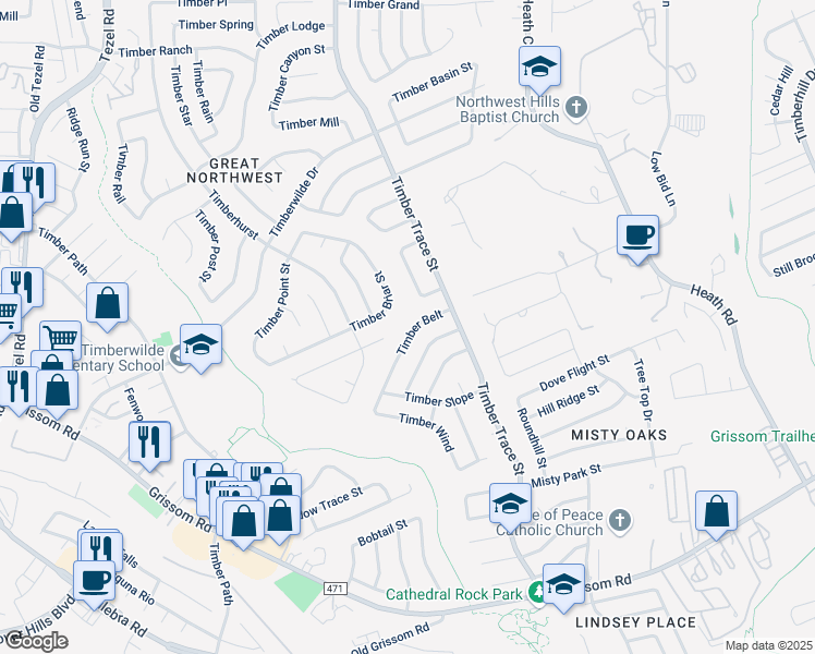 map of restaurants, bars, coffee shops, grocery stores, and more near 8431 Timber Belt in San Antonio